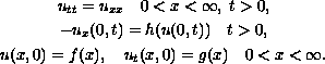 $$\displaylines{
u_{tt}=u_{xx}\quad 0 less than x less than \infty,\; tgreater than 0,\cr
-u_{x}(0,t)=h(u(0,t)) \quad t greater than 0,\cr
u(x,0)=f(x),\quad u_{t}(x,0)=g(x) \quad 0 less than x less than \infty.
}$$