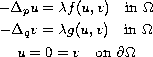 $$\displaylines{
-\Delta_pu =\lambda f(u,v)\quad\hbox{in }\Omega\cr
-\Delta_qv =\lambda g(u,v)\quad\hbox{in }\Omega\cr
u=0=v \quad \hbox{on }\partial\Omega
}$$