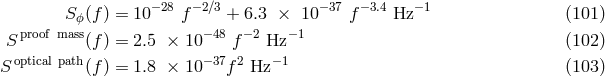 Sϕ(f) = 10 −28 f −2∕3 + 6.3 × 10 −37 f −3.4 Hz− 1 (101 ) proof mass −48 −2 −1 S (f) = 2.5 × 10 f Hz (102 ) Soptical path(f) = 1.8 × 10−37f2 Hz −1 (103 )