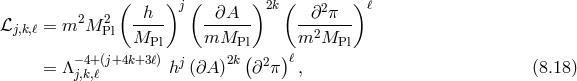 ( h )j ( ∂A )2k ( ∂2π ) ℓ ℒj,k,ℓ = m2M 2Pl ---- ------ --2---- MPl mMPl m MPl = Λ− 4+(j+4k+3ℓ)hj (∂A )2k (∂2π)ℓ, (8.18 ) j,k,ℓ