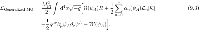 2 ∫ [ 4 ℒ = M-Pl d4x√ −-g Ω (ψ )R + 1∑ α (ψ )ℒ [𝒦 ] (9.3 ) Generalized MG 2 A 2 n A n ] n=0 − 1gμν∂ ψ ∂ ψA − W (ψ ) . 2 μ A ν A