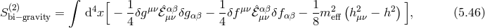 ∫ (2) 4 [ 1- μν ˆαβ 1- μν ˆαβ 1- 2 ( 2 2) ] Sbi−gravity = d x − 4δg ℰμν δgαβ − 4δf ℰμν δfα β − 8m eff h μν − h , (5.46 )