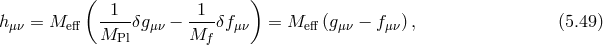 ( ) h = M --1-δg − -1-δf = M (g − f ), (5.49 ) μν eff MPl μν Mf μν eff μν μν
